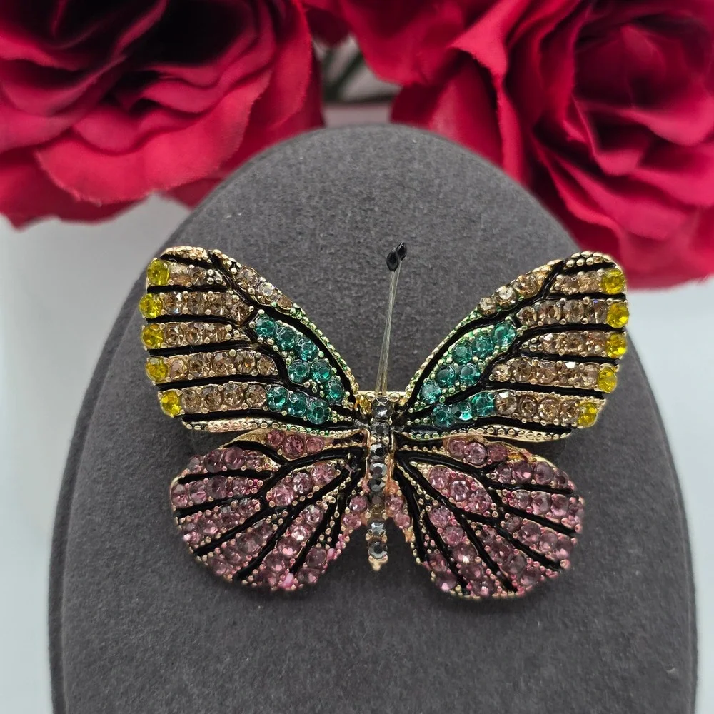 Multicolor Rhinestone Butterfly Brooch Gold Tone Crystal Insect Pin 2 Inch